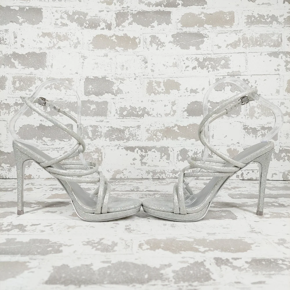 Nine West Loo May Strappy Stiletto In Silver Evening Buckle Strap Sandals O296